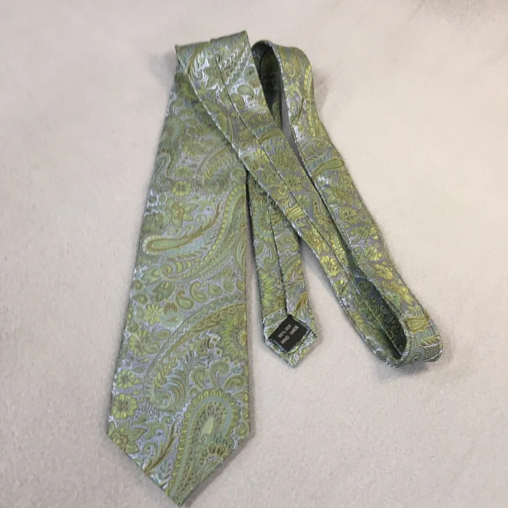 Beau Brummel Soho Mens Silk Tie Green Gold Blue Paisley Floral‎ Handmade Necktie